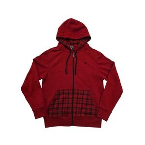3rd Rail Men's Medium Red Zip Hoodie Plaid Pocket Hood Lined Minor Bleach Spot